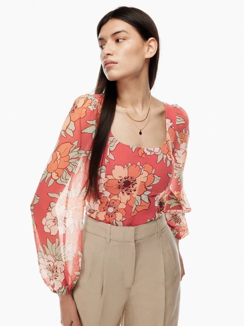 Wilfred Grace Top Flowy Sleeve Floral Warm Sienna Subtle Mint